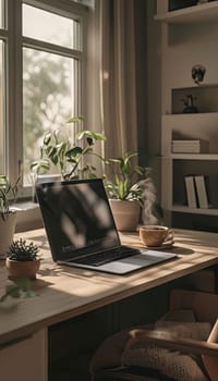 Cozy workspace featuring laptop, steaming coffee cup, and lush green plants. Sunlight bathes desk, creating inviting atmosphere perfect for productivity and relaxation in home office setting