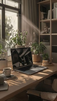 Bright home office scene featuring modern laptop, warm coffee, and lush plants. Natural light enhances focus and creativity, ideal for study or remote work environment