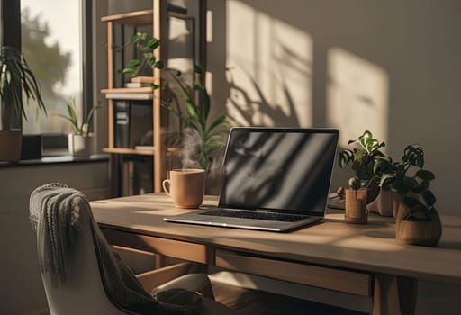 Bright home office scene featuring modern laptop, warm coffee, and lush plants. Natural light enhances focus and creativity, ideal for study or remote work environment