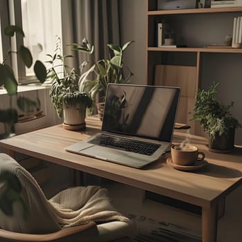 Bright home office scene featuring modern laptop, warm coffee, and lush plants. Natural light enhances focus and creativity, ideal for study or remote work environment
