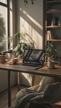 Bright home office scene featuring modern laptop, warm coffee, and lush plants. Natural light enhances focus and creativity, ideal for study or remote work environment