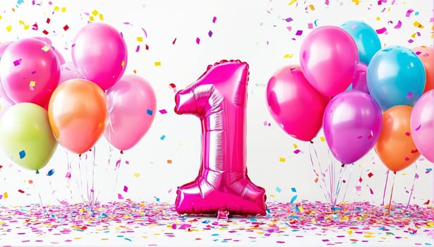 Pink-themed celebration for a one-year-old with balloons, confetti, and a large number 1 balloon