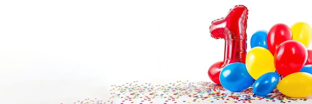 Festive First Birthday Party Celebration with Balloons and Confetti, inflatable balloon with the number 1 on a white background. A banner with a place for text