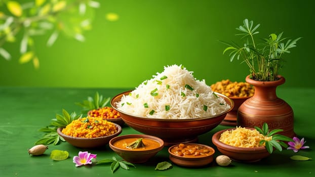Traditional food onasadya. Onam food with sadhya rice on green background. Happy Onam, harvest festival. Indian religious concept. Banner with copy space , poster, greeting card