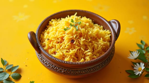 Traditional food onasadya. Onam food with sadhya rice on yellow background. Happy Onam, harvest festival. Indian religious concept. Banner with copy space , poster, greeting card