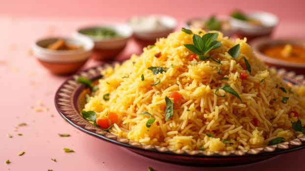 Traditional food onasadya. Onam food with sadhya rice on pink background. Happy Onam, harvest festival. Indian religious concept. Banner with copy space , poster, greeting card