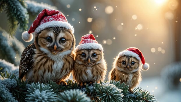 Cute owls in a Santa Claus hat in the winter forest. A postcard for the winter holidays.