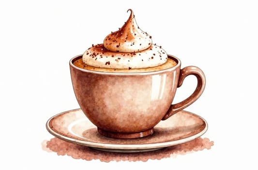 A detailed watercolor illustration of a cup of hot chocolate topped with whipped cream and sprinkles on a soft white background. Demonstrating the colors of 2025 year - Mocha Mousse