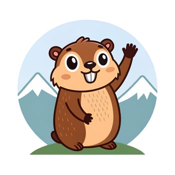 A cheerful marmot stands on green grass, waving its paw with a bright smile against a backdrop of snow-capped mountains under a clear blue sky - Logo illustration - Generative AI