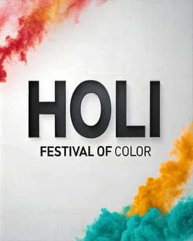 Holiday Holi concept. Holi festival of color poster. Happy Holi. An explosion of multi-colored paint, bright vibrant pigments on white background