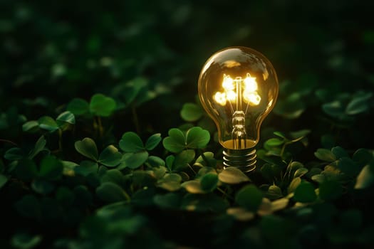Eco-Friendly Energy Concept with Lightbulb in a green clovers background..