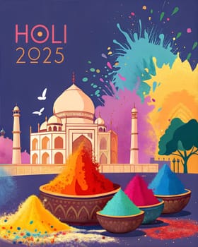 Holiday Holi concept. Holi festival of color poster. Happy Holi. An explosion of multi-colored paint, bright vibrant pigments. Indian holiday. Gulal colors in bowls.