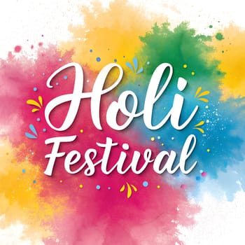 Holiday Holi concept. Holi festival of color poster. Happy Holi. An explosion of multi-colored paint, bright vibrant pigments on white background