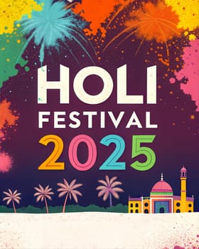 Holiday Holi concept. Holi festival of color poster. Happy Holi. An explosion of multi-colored paint, bright vibrant pigments. Indian holiday.