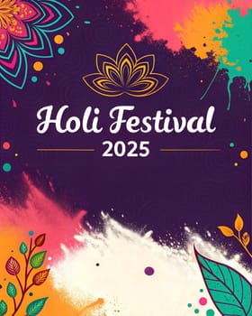 Holiday Holi concept. Holi festival of color poster. Happy Holi. An explosion of multi-colored paint, bright vibrant pigments. Indian holiday.