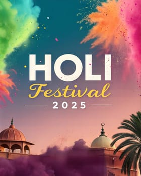 Holiday Holi concept. Holi festival of color poster. Happy Holi. An explosion of multi-colored paint, bright vibrant pigments. Indian holiday.
