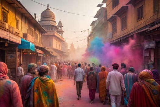 Holi festival of colors in India. Indian streets with people celebtating Holi festival. Holi powder colorful explosions.