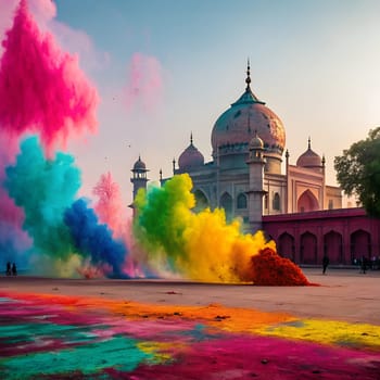 Holi festival of colors in India. Indian streets with people celebtating Holi festival. Holi powder colorful explosions. Gulal powders
