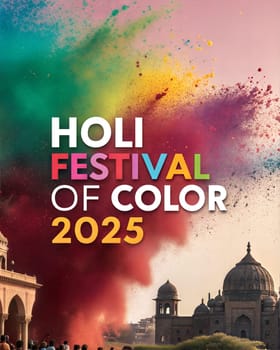 Holiday Holi concept. Holi festival of color poster. Happy Holi. An explosion of multi-colored paint, bright vibrant pigments. Indian holiday.