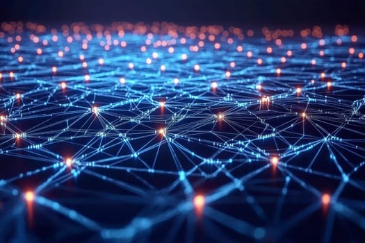Artificial intelligence network. Abstract image of a digital network illuminated by blue light, showing interconnected nodes and lines..