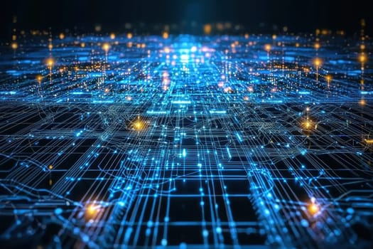 Artificial intelligence network. Abstract image of a digital network illuminated by blue light, showing interconnected nodes and lines..