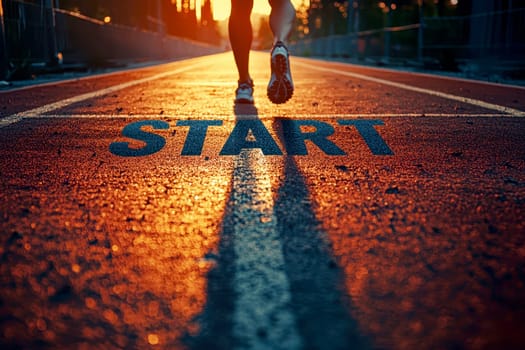 start word written on athletics track and athlete woman runner. at sunset for challenge and change. planning health and the goal to success..