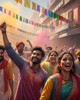Holi festival of colors in India. Indian streets with happy people celebtating Holi festival. Holi powder colorful explosions.