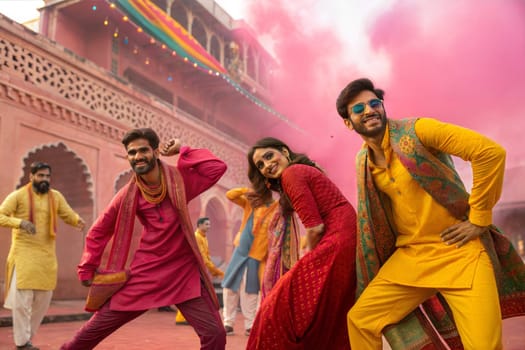 Holi festival of colors in India. Indian streets with happy dancing people celebtating Holi festival. Holi powder colorful explosions.