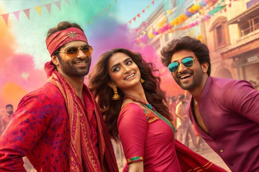 Holi festival of colors in India. Indian streets with happy dancing people celebtating Holi festival. Holi powder colorful explosions.