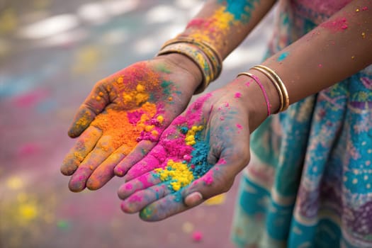 Hands / Palms of people covered in colorful Holi festival gulal powder. Happy Holi Indian festival of colors.