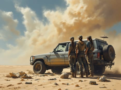 Three young caucasian women explorers are standing next to their Toyota Land Cruiser J70, observing a large sandstorm approaching in the desert. Ai generated