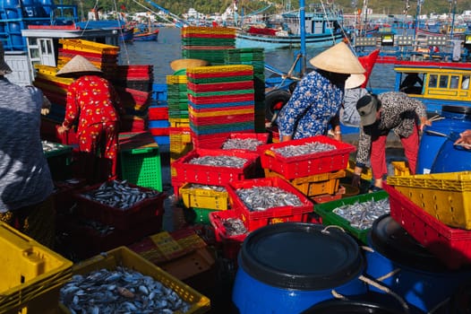 Vietnamese people in a fishing village collect fresh fish from a boat and open the market in the early morning