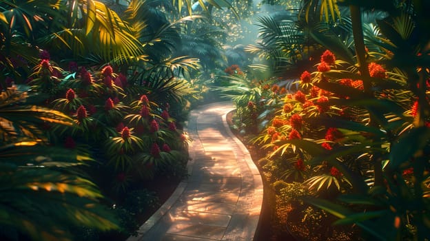 A picturesque path winding through a vibrant green forest, framed by colorful flowers and towering trees. A stunning natural landscape resembling an artwork
