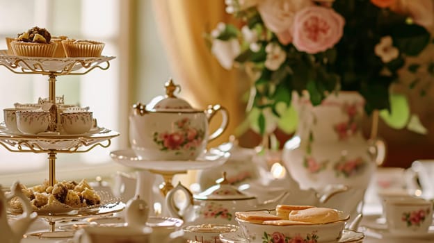 Elegant table setting for tea party with cakes and cupcakes in English manor. Selective focus. Vintage style