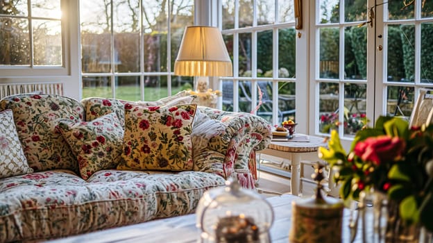 Colorful pillows on sofa against glass wall of window in a winter garden or conservatory. Interior textile concept. High quality photo