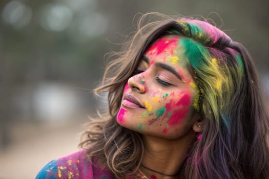 Portrait of happy young indian woman on holi color with gulal powder on her face. Girl celedtating Holi, Indian festival of color