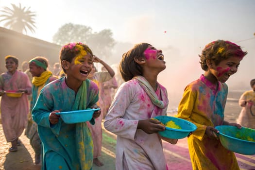 Children covered in colored powder during the festival of Holi. Happy Cute Asian kids celebrate Indian holi festival with colorful paint powder on faces and body. Colorful gulal powder in bowls