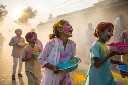 Children covered in colored powder during the festival of Holi. Happy Cute Asian kids celebrate Indian holi festival with colorful paint powder on faces and body. Colorful gulal powder in bowls