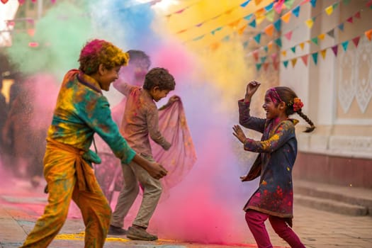 Children covered in colored powder during the festival of Holi. Happy Cute Asian kids celebrate Indian holi festival with colorful paint powder on faces and body on Indian street