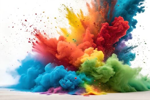 Holiday Holi concept. Holi festival of color poster. Happy Holi. An explosion of multi-colored paint, bright vibrant pigments on white background. Copy space