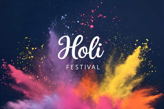 Holiday Holi concept. Holi festival of color poster. Happy Holi. An explosion of multi-colored paint, bright vibrant pigments on dark background