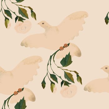 White doves with roses. Love mail. Watercolor seamless pattern for textiles and wrapping paper for wedding or Valentine's Day, February 14