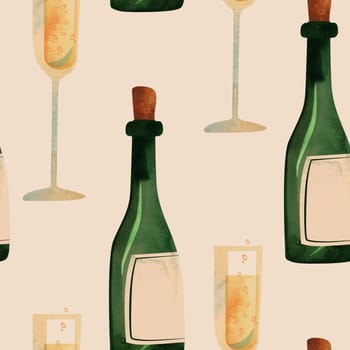Champagne. White sparkling wine. Glasses and bottles. Seamless pattern for textiles and wrapping paper for the holiday.
