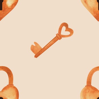 Seamless pattern with golden heart-shaped locks and keys. Watercolor illustration for textiles and wedding wrapping paper.