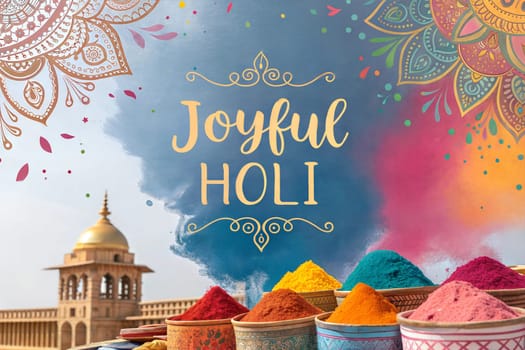 Holiday Holi concept. Holi festival of color poster. Joyful Holi. An explosion of multi-colored paint, bright vibrant pigments on the street. Indian holiday. Gulal colors in bowls.