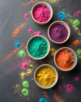 Gulal colors in bowls for Indian Holi festival. Happy Holi, festival of colors.