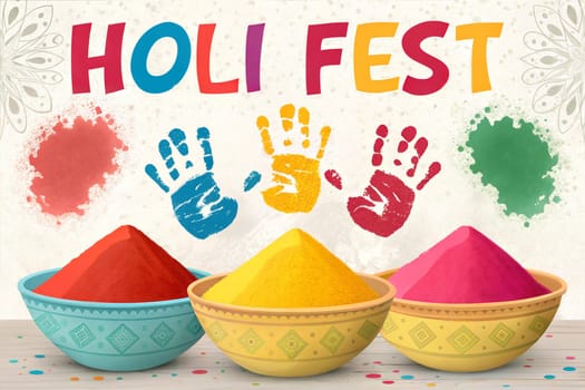 Gulal colors in bowls for Indian Holi festival. Happy Holi, festival of colors on white background. Holi concept banner.