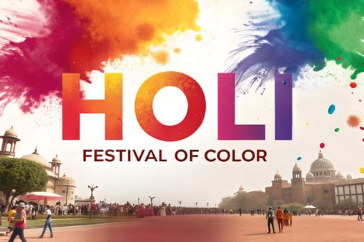 Holi festival of colors in India. Indian streets with people celebtating Holi festival. Holi powder colorful explosions.