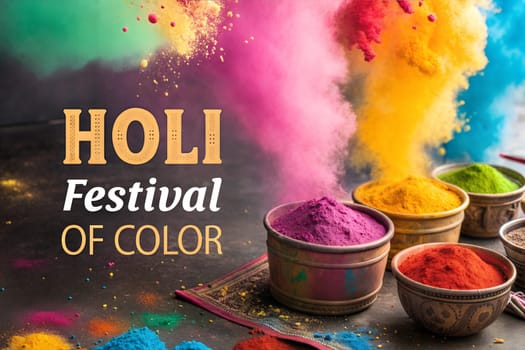 Holiday Holi concept. Holi festival of color. Happy Holi. Colorful powder explosion. Gulal colors in bowls. Indian street