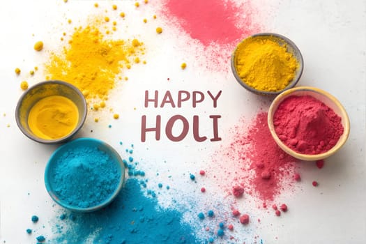 Gulal colors in bowls for Indian Holi festival. Happy Holi, festival of colors on white background. Holi concept banner.